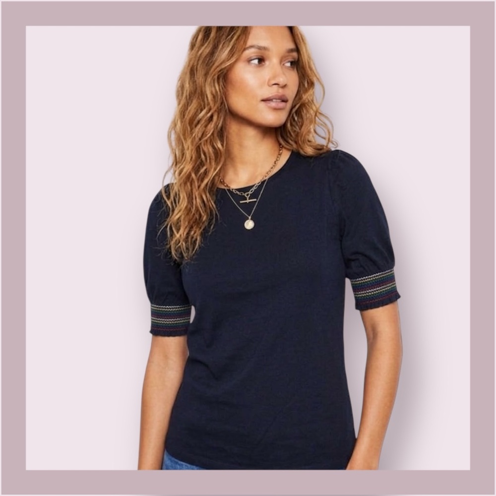 Boden Blue Short Sleeve Smocked Cuff Top